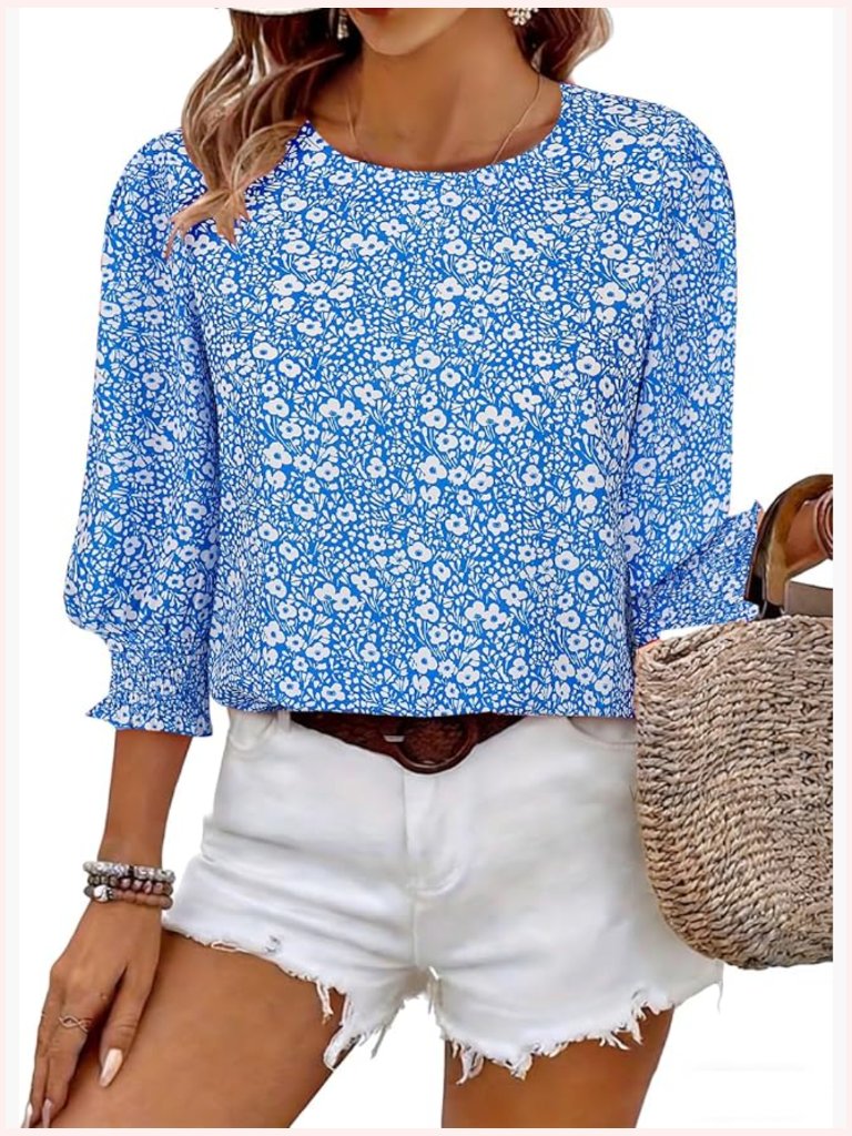 3/4 Sleeve Dressy Blouse Crew Neck Smocked Cuff Business Casual Flowy Top